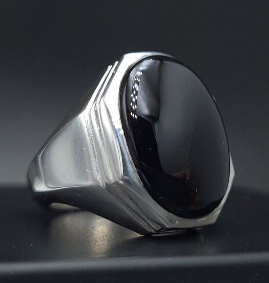 Mens Black Oval Cut Aqeeq Ring natural Agate Ring for Men Shifat Al Abad Yemeni Aqeeq 925 Sterling Silver Ring gift - Heavenly Gems