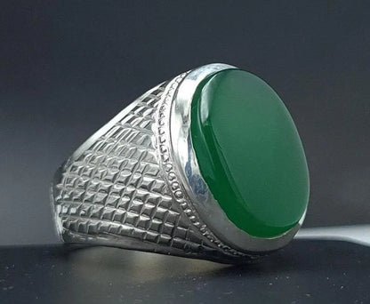 Rare Unheated Green Yemeni aqeeq ring for men Natural Yamani hakik rings Real Sterling Silver 925 - Heavenly Gems