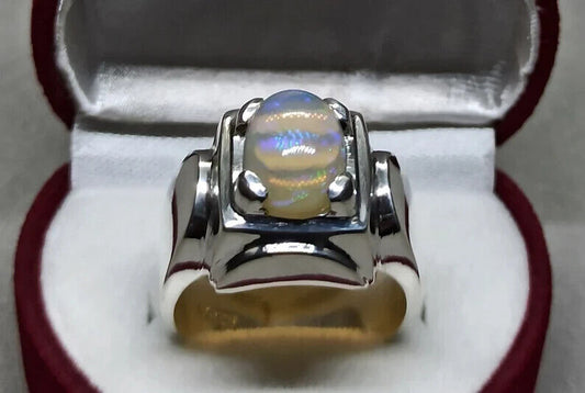 3 Carat Natural Ethiopian Fire Opal Ring 925 Sterling Silver Handmade Mens Ring - Heavenly Gems