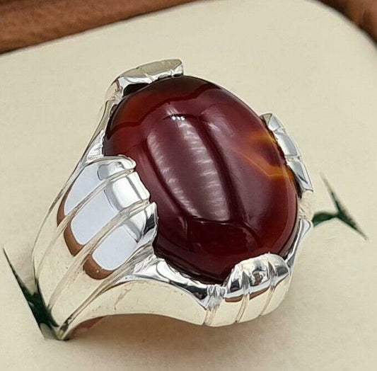 Red Aqeeq Akik Aqiq Yemeni Yaman Yamni Agate Bague Sterling Silver Jewelry Rings - Heavenly Gems