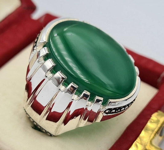 Green yemeni aqeeq ring yamani hakik agate bague christmas gift for him jewelrySterling Silver 925 - Heavenly Gems