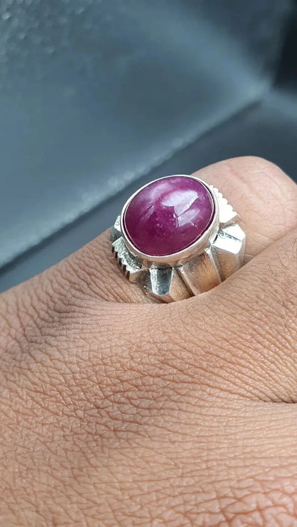 Natural Ruby Ring For Men Big Cabochon Ruby 925 Sterling Silver Handmade Ring - Heavenly Gems
