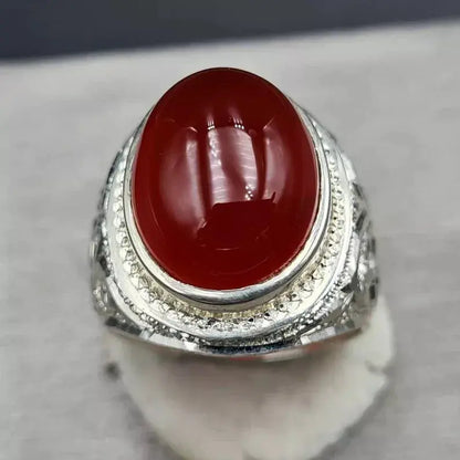 Men's Natural Red Yemeni Agate Stone Ring - Hand-Engraved Artisan Design - Heavenly Gems