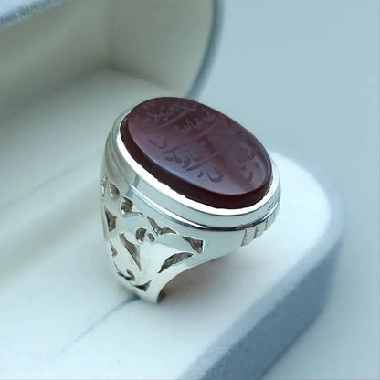 Naad-e-Ali Written Yemeni aqeeq ring | Mens Agate ring | Real yamani aqeeq rings|925 Sterling Silver Ring - Heavenly Gems