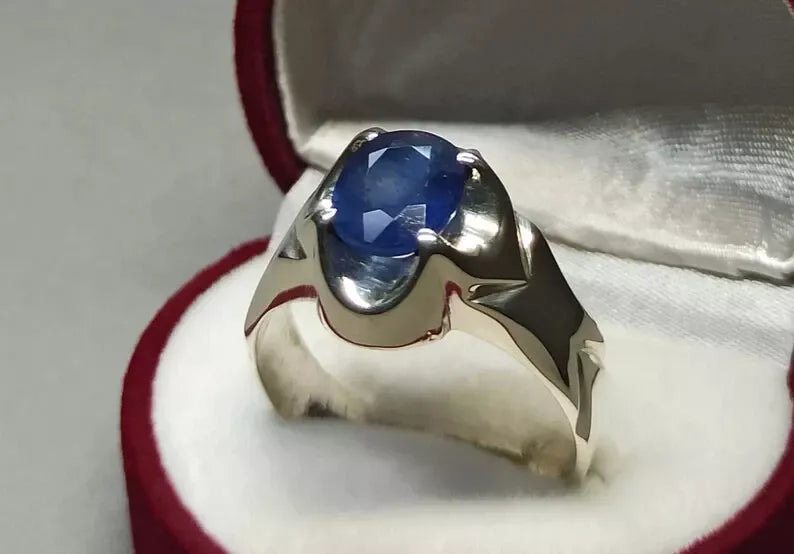 Blue Sapphire Men's Ring - Sterling Silver 925 Ring with Clean Luster - Heavenly Gems