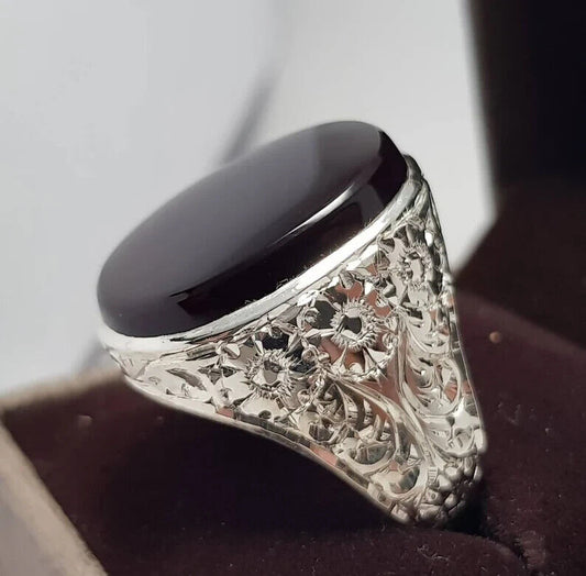 Yemeni Aqeeq Ring Shefat Al Abad Al Habshi Black Aqeeq Yemeni Kabadi Aqeeq Agate 925 Sterling Silver - Heavenly Gems