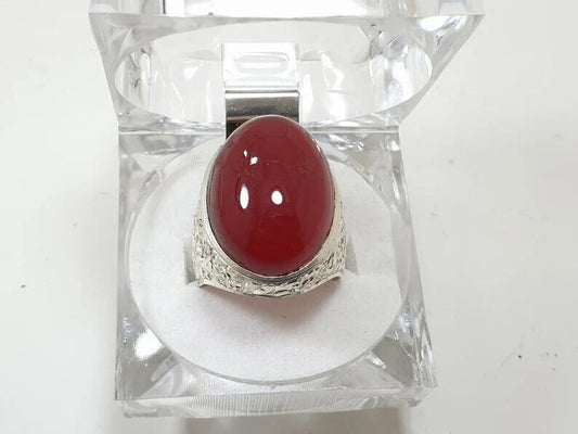 Mens Yemeni Aqeeq Oval Cut Ring Deep Blood Red Yamni Agate Ring For Men Natural Agate man 925 Sterling Silver - Heavenly Gems