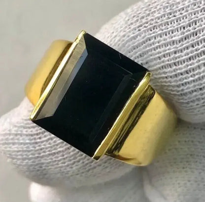 Yemeni Aqeeq Ring For Men, 14k yellow Gold Agate Ring, Natural Black Aqeeq Ring - Heavenly Gems