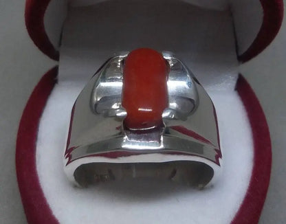 Natural Unheated Untreated Deep Red Coral Mens Ring Sterling Silver 925 Ring - Heavenly Gems