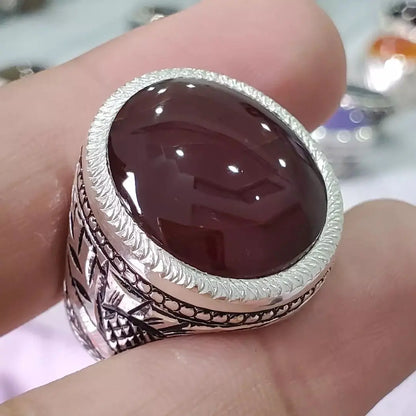 Mens Yemeni Aqeeq Ring Deep Blood Red Yamni Agate Ring For Man Natural Agate - Heavenly Gems