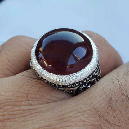 Mens Yemeni Aqeeq Ring Deep Blood Red Yamni Agate Ring For Men Natural Agate man 925 Sterling Silver - Heavenly Gems