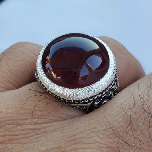 Mens Yemeni Aqeeq Ring Deep Blood Red Yamni Agate Ring For Men Natural Agate man 925 Sterling Silver - Heavenly Gems