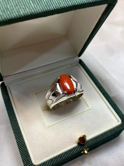 Natural Mens Red Coral Ring Sterling Silver 925 Handmade Ring High Quality Coral - Heavenly Gems