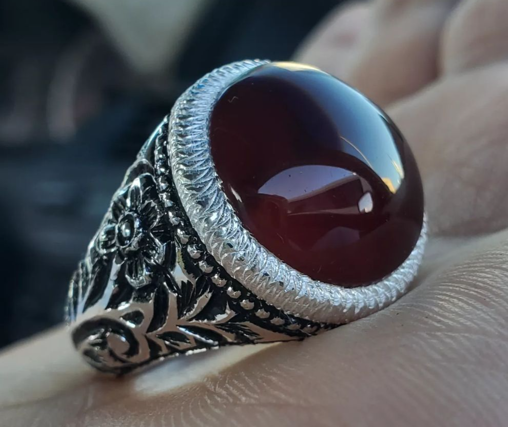 Mens Yemeni Aqeeq Ring Deep Blood Red Yamni Agate Ring For Men Natural Agate man 925 Sterling Silver - Heavenly Gems