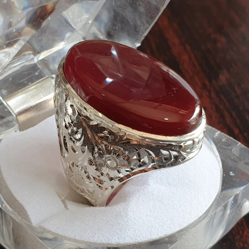 Mens Yemeni Aqeeq Ring Deep Blood Red Yamni Agate Ring For Men 925 Sterling Silver - Heavenly Gems