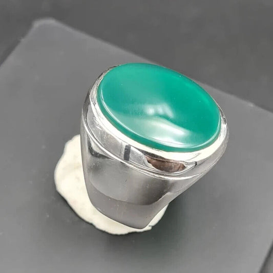 Unheated Green Yemeni aqeeq ring for men - Natural Yamani hakik rings Real agate Sterling Silver 925 - Heavenly Gems