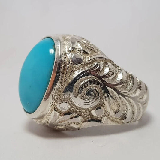 Beautiful Turquoise ring Engraved Feroza ring Mens Big Turquoise ring Mens Gift - Heavenly Gems