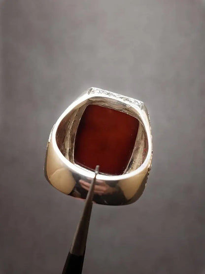 Natural Mens Red Yemen Agate Rectangular Cut Ring Red Carnelian Ring For Men Silver 925 Handmade - Heavenly Gems