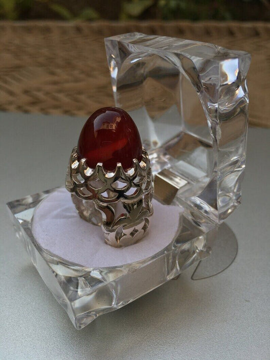 Shefat Al Abad Habshi Kabidi Yemeni Aqeeq Akik Agate Ring Blood Color Underlight Sterling Silver 925 - Heavenly Gems