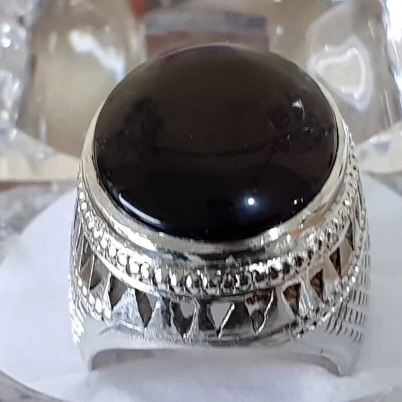 Big Kabadi Black Aqeeq Oval Cut Ring Yemeni Aqeeq Ring for Men Mens Yameni Aqeeq gift men - Heavenly Gems