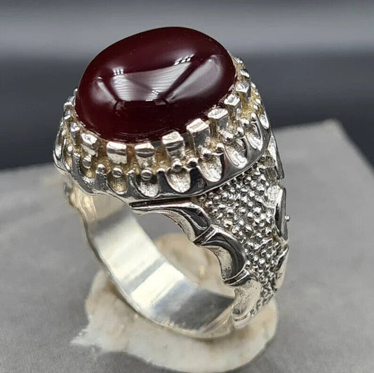 Mens rare blood yemeni aqeeq ring real genuine Yamni agate stone man Haqeeq ring Premium 925 Sterling Silver - Heavenly Gems