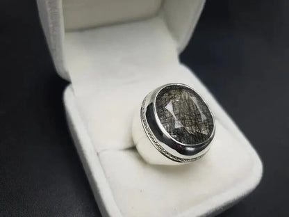 Natural Muh e Najaf Mens Sterling Silver 925 Handmade Ring Rutilated Quartz Ring - Heavenly Gems