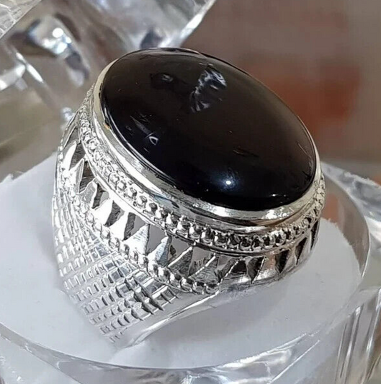 Big Kabadi Black Aqeeq Oval Cut Ring Yemeni Aqeeq Ring for Men Mens Yameni Aqeeq gift men - Heavenly Gems