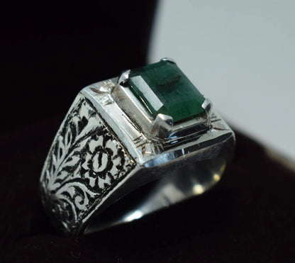 Natural Emerald Ring mens emerald bague sterling silver handmade emerald ring 925 Sterling Silver - Heavenly Gems