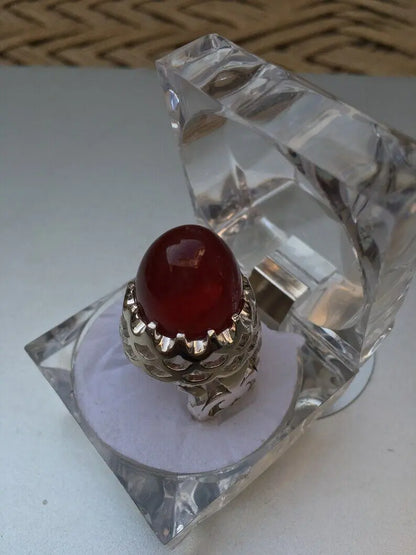 Shefat Al Abad Habshi Kabidi Yemeni Aqeeq Akik Agate Ring Blood Color Underlight Sterling Silver 925 - Heavenly Gems