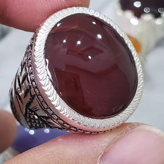 Mens Yemeni Aqeeq Ring Deep Blood Red Yamni Agate Ring For Man Natural Agate - Heavenly Gems