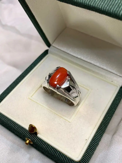Natural Mens Red Coral Ring Sterling Silver 925 Handmade Ring High Quality Coral - Heavenly Gems
