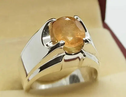 Natural Yellow Sapphire Mens Ring Sterling Silver 925 Handmade Pukhraj Ring gift - Heavenly Gems
