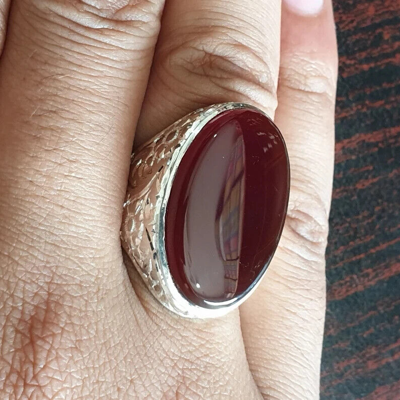 Mens Yemeni Aqeeq Ring Deep Blood Red Yamni Agate Ring For Men 925 Sterling Silver - Heavenly Gems