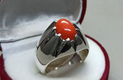 Natural Deep Red Australian Coral Mens Ring Sterling Silver 925 Dark Red marjan - Heavenly Gems
