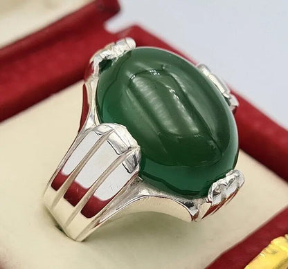 Green Yemeni Aqeeq Yamni Yemen Yamani Agate Akik Aqiq Hakik Ring Handmade Silver - Heavenly Gems