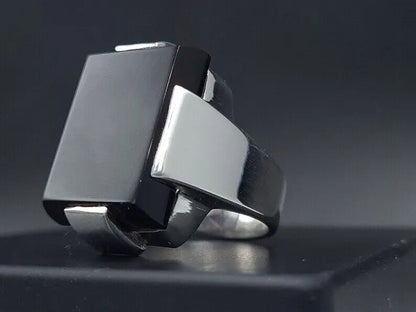 Mens Black Aqeeq Ring natural Agate Ring for Men Shifat Al Abad Yemeni Aqeeq Rectangular Cut Ring mens - Heavenly Gems