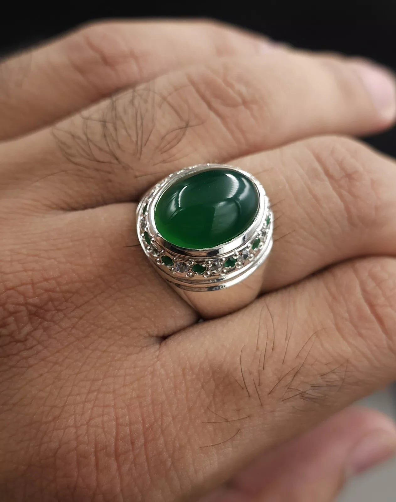 Natural Green Yemeni Aqeeq Ring - Sterling Silver Mens Agate Shia Ring - Heavenly Gems