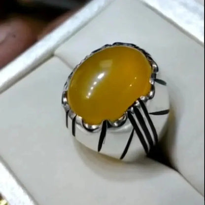 Yemeni Aqeeq Rings Natural Zard Aqeeq Ring Carnelian Yellow Agate Silver 925 men - Heavenly Gems
