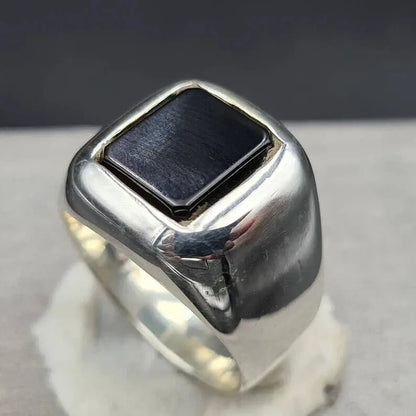 Mens Deep Black Shifat al Abad Yemeni Aqeeq Ring Kabadi Black Aqeeq agate 925 Sterling Silver - Heavenly Gems