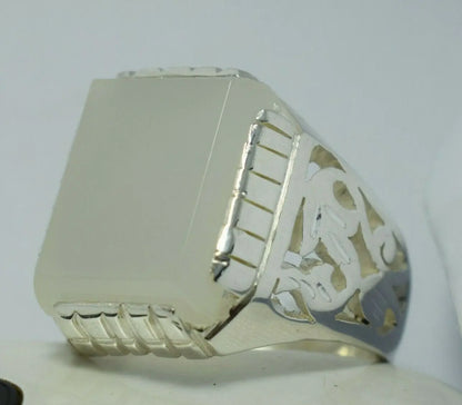 Yemeni Aqeeq Ring Deep White Agate Bague Mens Sterling Silver Handmade Rings925 - Heavenly Gems