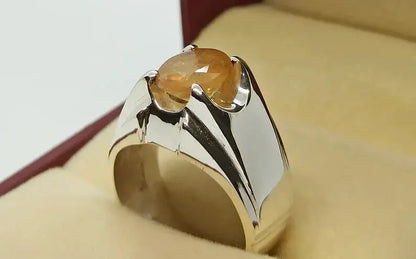 Natural Yellow Sapphire Mens Ring Sterling Silver 925 Handmade Pukhraj Ring gift - Heavenly Gems