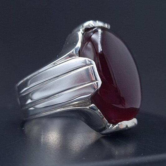 Mens Yemeni Aqeeq Oval Cut Ring Deep Blood Red Yamni Agate Ring For Men Sterling Silver 925 - Heavenly Gems