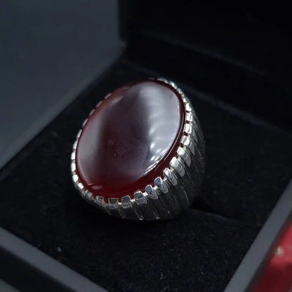 Yemeni Aqeeq Ring Yameni Oval Cut Deep Red Aqeeq Ring Agate Ring Big Black red Aqeeq Agate Ring Sterling Silver 925 (Premium Quality) - Heavenly Gems