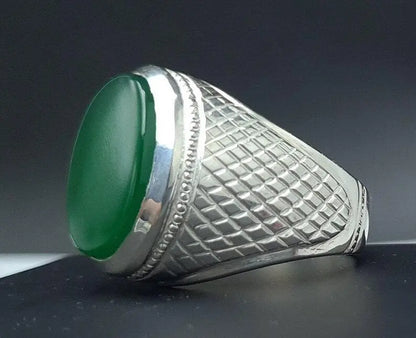 Rare Unheated Green Yemeni aqeeq ring for men Natural Yamani hakik rings Real Sterling Silver 925 - Heavenly Gems