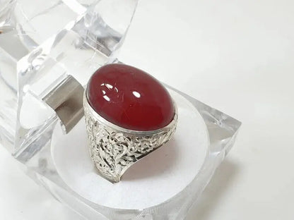Mens Yemeni Aqeeq Oval Cut Ring Deep Blood Red Yamni Agate Ring For Men Natural Agate man 925 Sterling Silver - Heavenly Gems