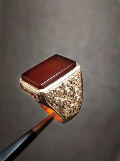 Natural Mens Red Yemen Agate Rectangular Cut Ring Red Carnelian Ring For Men Silver 925 Handmade - Heavenly Gems