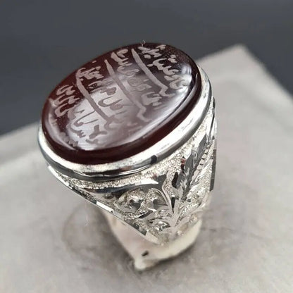Naad-e-Ali Written Yemeni aqeeq ring | Mens Agate ring | Real yamani aqeeq rings Silver 925 - Heavenly Gems