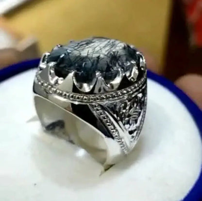 Natural Muh e Najaf Sterling Silver 925 Handmade Mens Ring Rutilated Quartz Ring - Heavenly Gems
