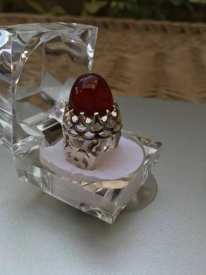 Shefat Al Abad Habshi Kabidi Yemeni Aqeeq Akik Agate Ring Blood Color Underlight Sterling Silver 925 - Heavenly Gems