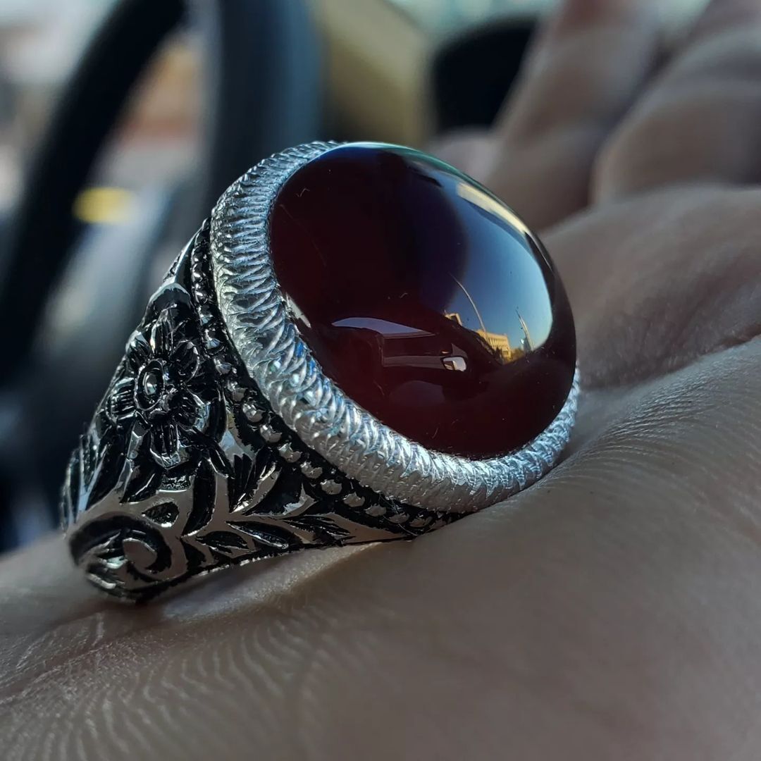 Mens Yemeni Aqeeq Ring Deep Blood Red Yamni Agate Ring For Men Natural Agate man 925 Sterling Silver - Heavenly Gems